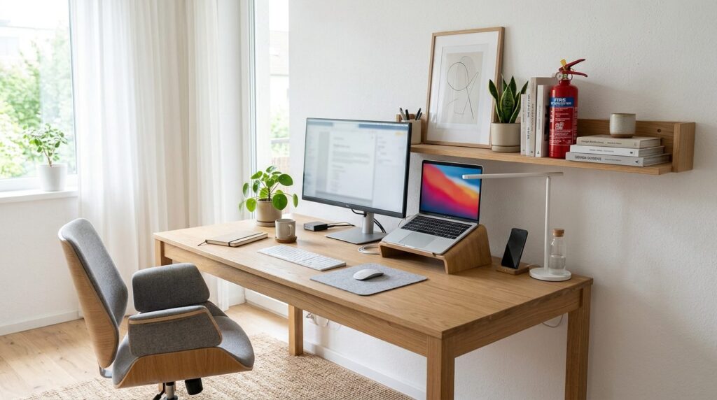 Bright home office workspace featuring a compact fire exting
