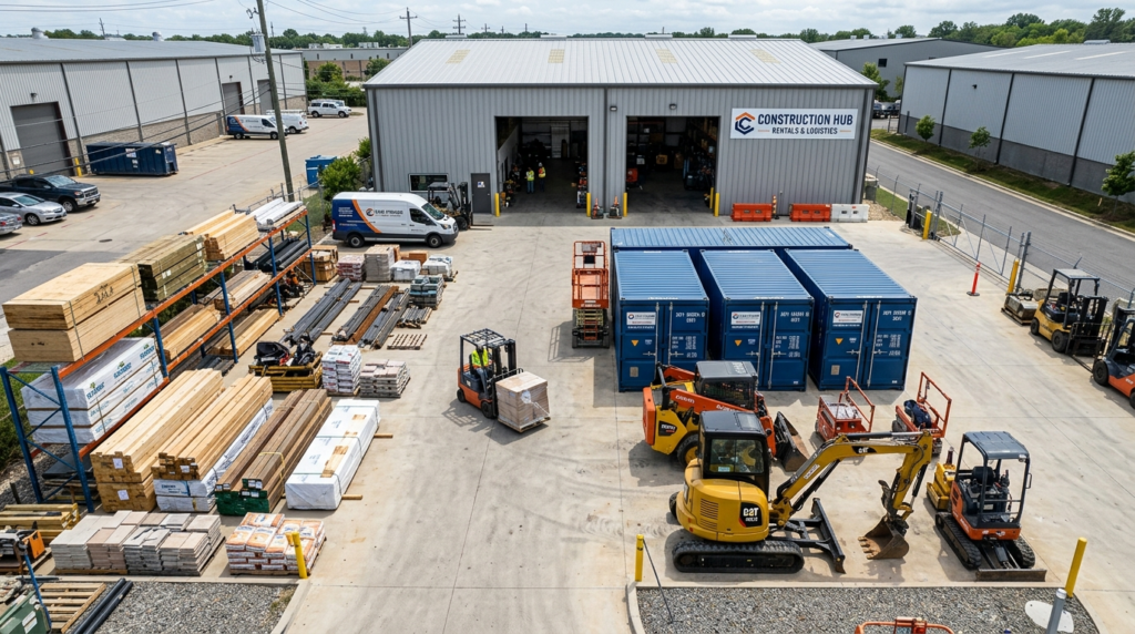 Close-up overhead view of a construction equipment rental ya