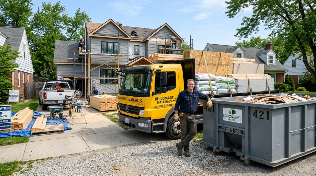 Wide shot of a DIY homeowner standing next to a rental conta