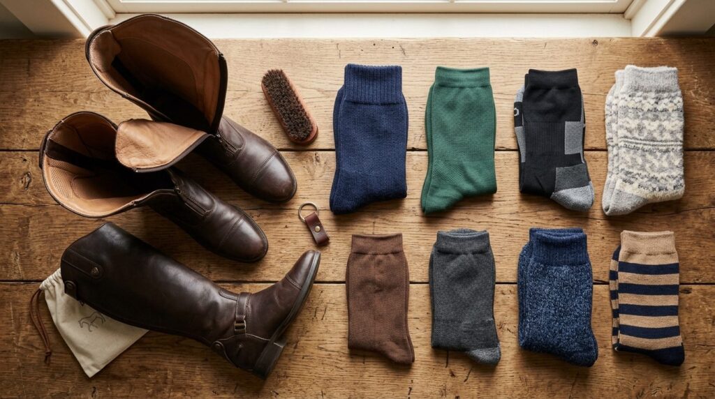 Flat lay overhead view of premium riding socks in various th
