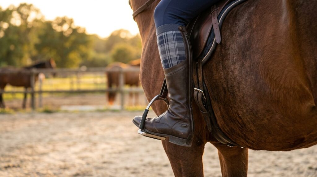Close-up detail of a riders leg in properly fitted riding s