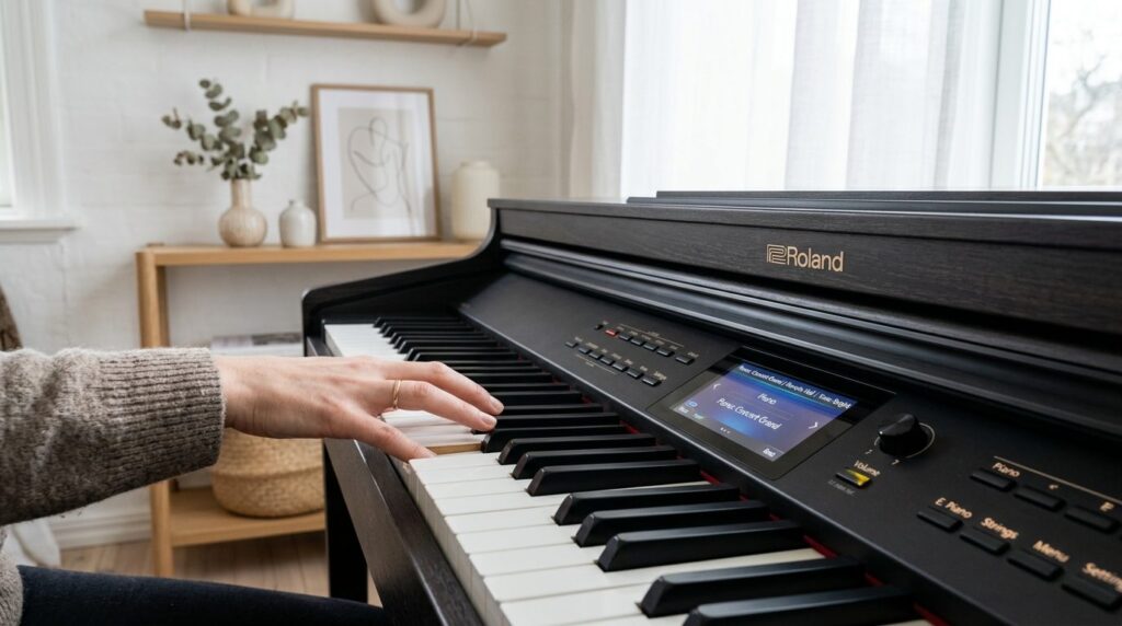 Close-up product photograph of a contemporary digital piano 