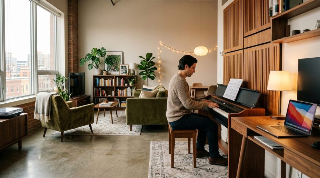 Wide-angle interior photograph of a compact electric piano i