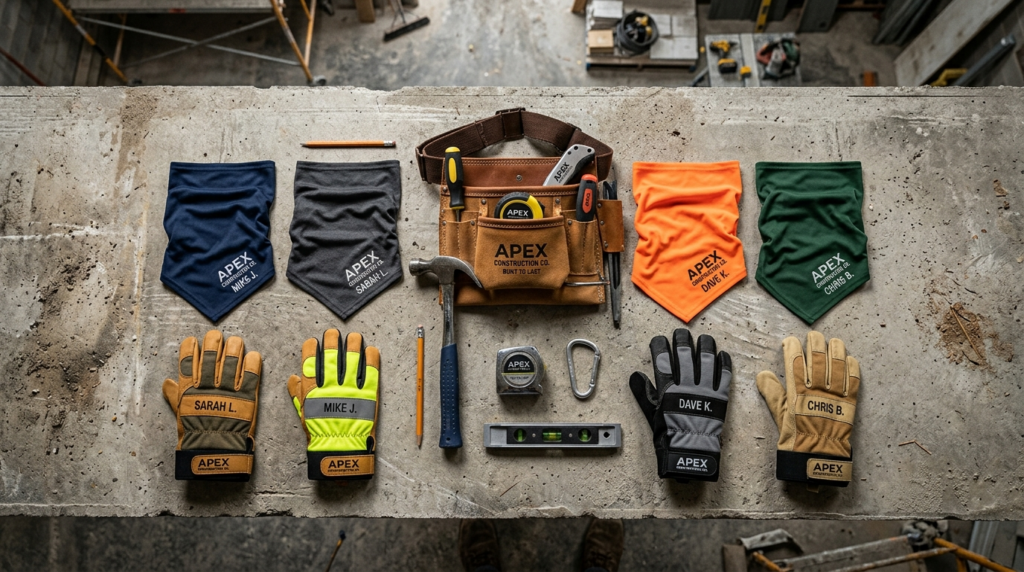 Flat lay composition of personalized workwear items includin