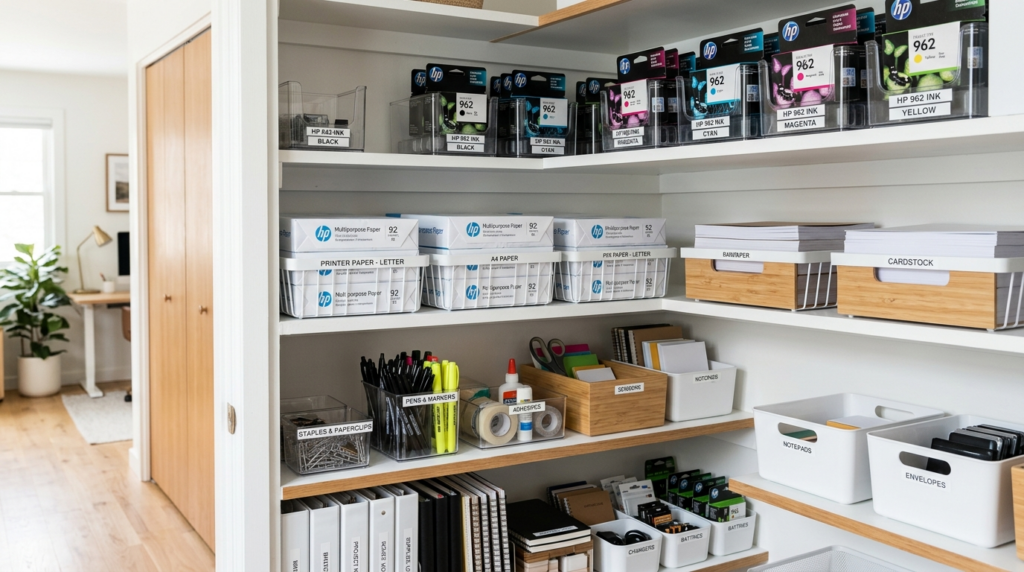 Organized home office supply closet or drawer with neatly ar