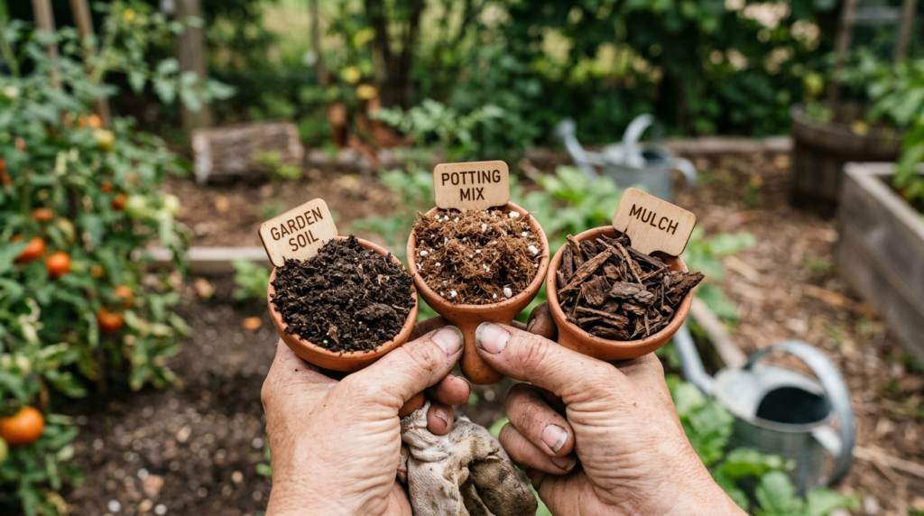 Close-up detail shot of hands holding different soil samples