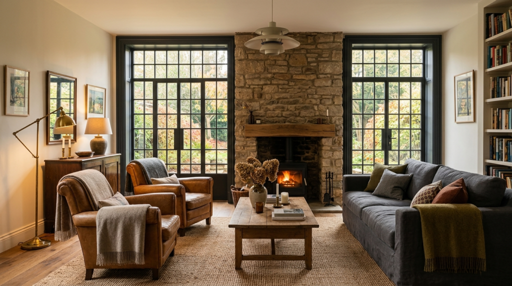 Realistic interior photograph of a cozy living room in a ren