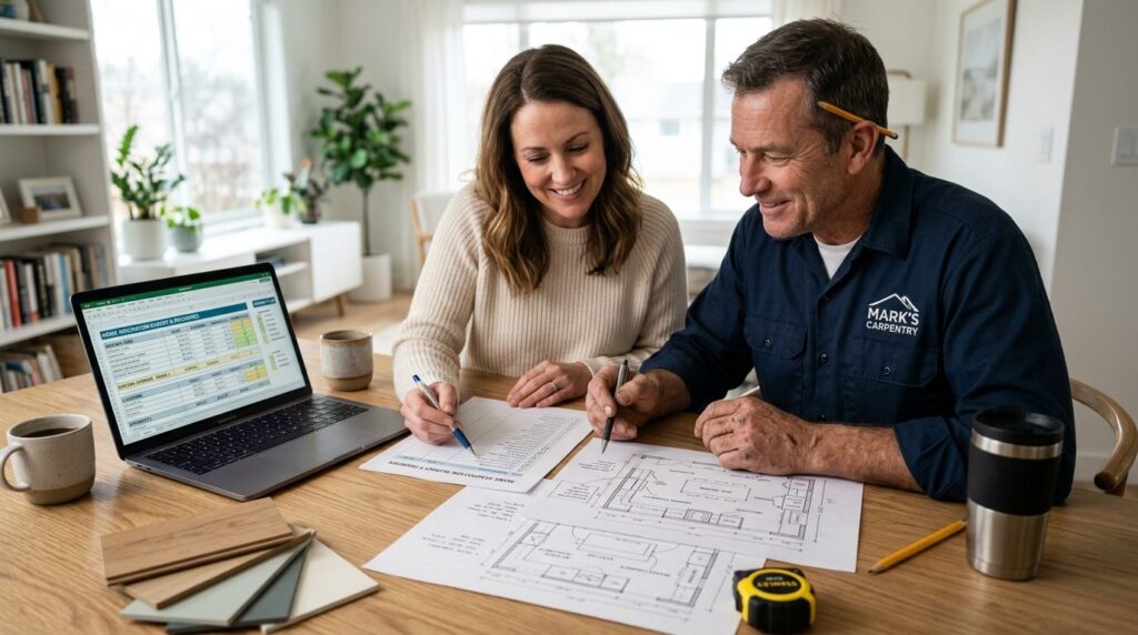 Close-up photorealistic shot of a homeowner and local carpen