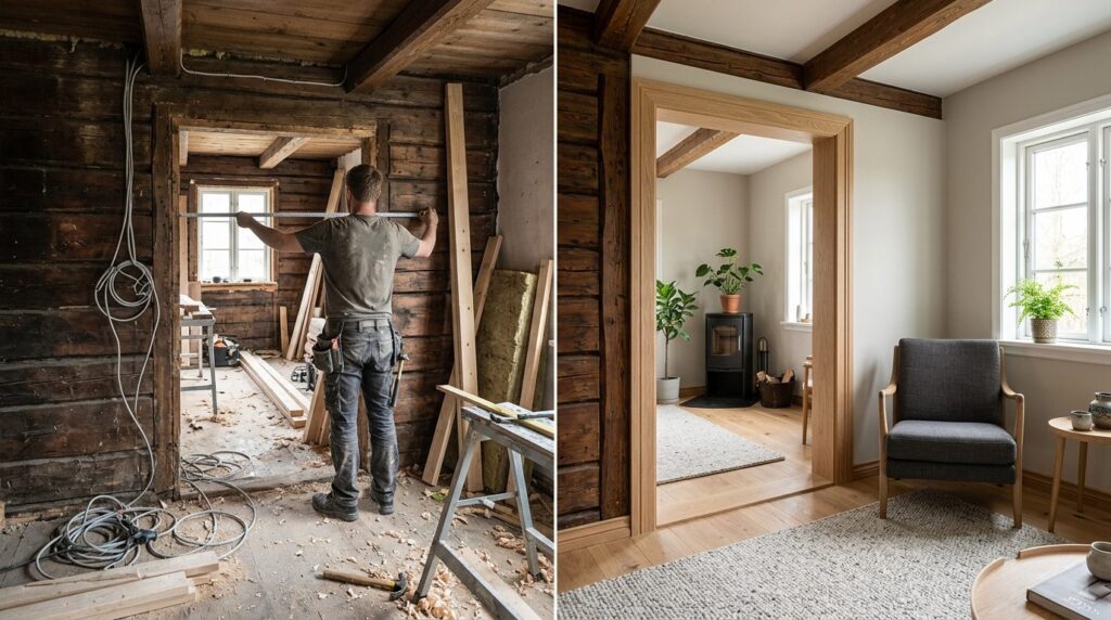Photorealistic before-and-after style image showing a wooden