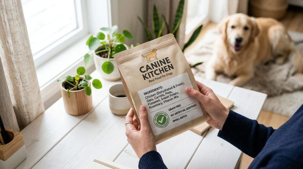 Close-up flat lay of a dog owners hands holding and reading