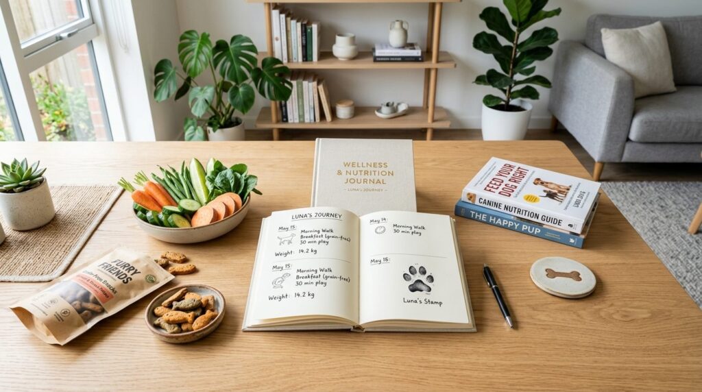 Overhead shot of a modern pet nutrition setup: grain-free do