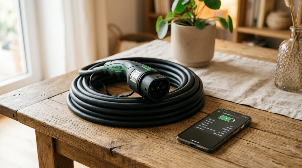Close-up product photography of a Type 2 EV charging cable c