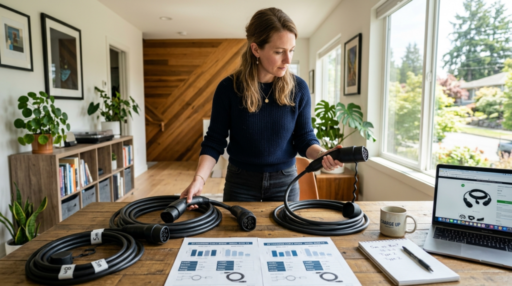 Realistic scene of a woman comparing and selecting an electr