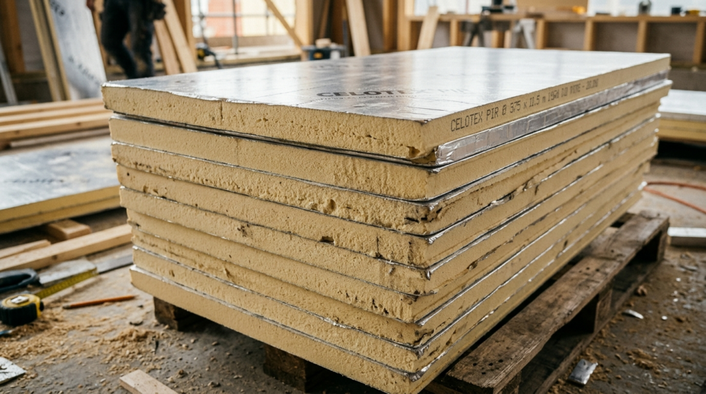 Close-up detail shot of PIR insulation boards stacked and re