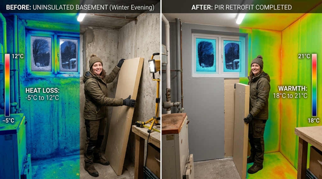 Energy-efficient home retrofit scene showing before-and-afte