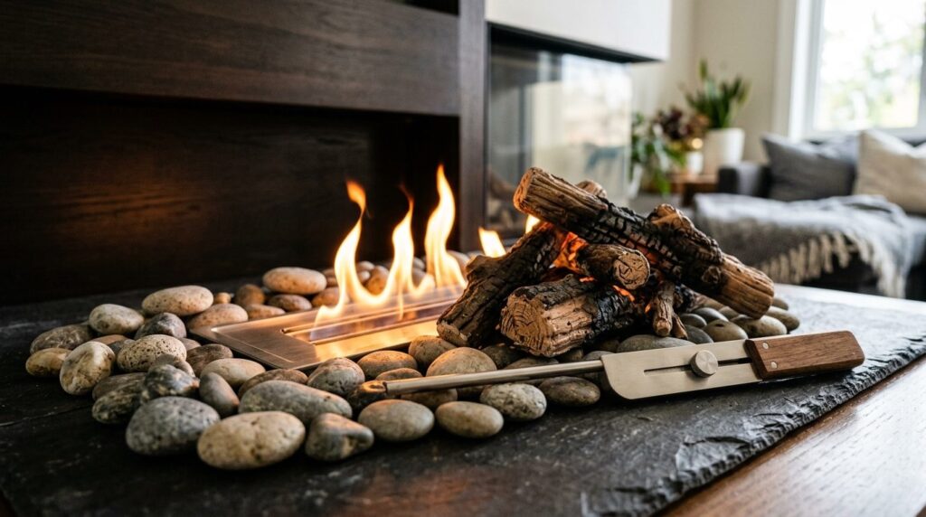 Close-up detail shot of bioethanol fireplace accessories inc