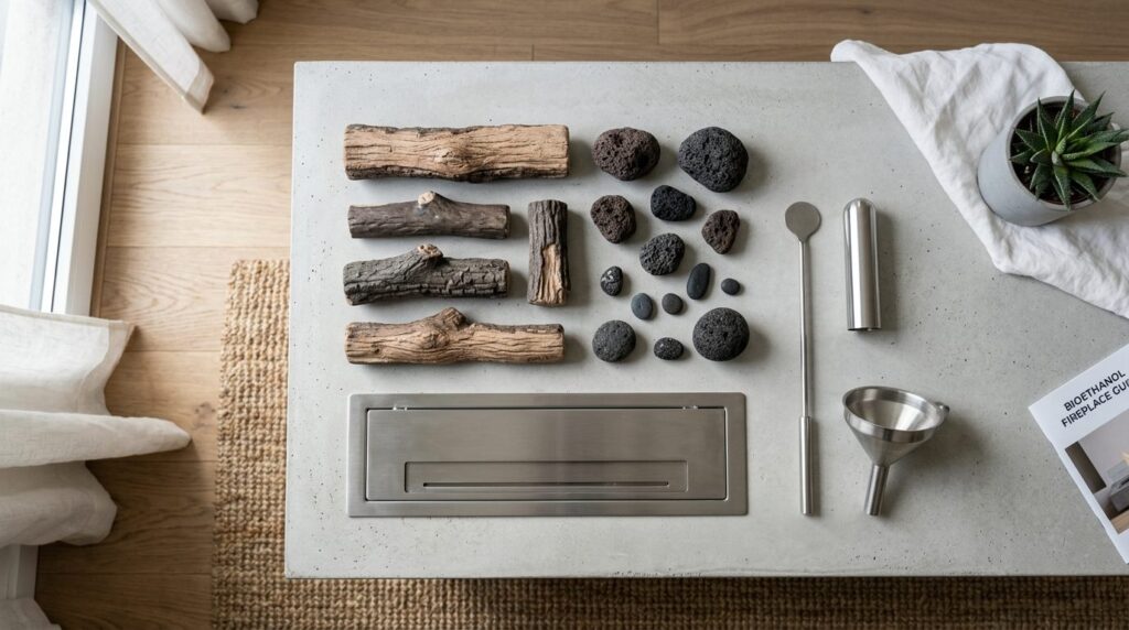 Overhead flat lay composition of bioethanol fireplace decora