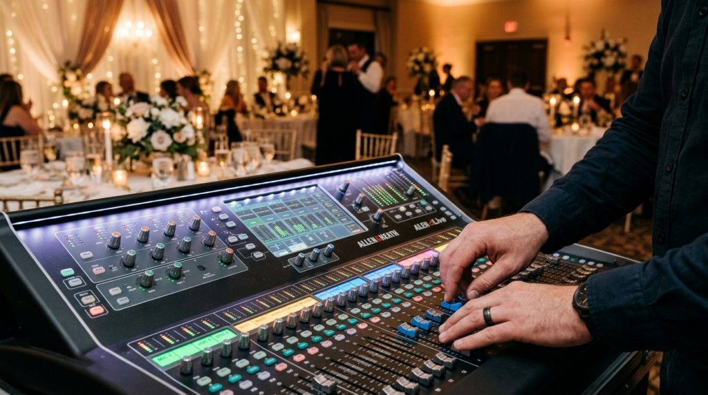 Close-up of professional audio technician adjusting mixing c