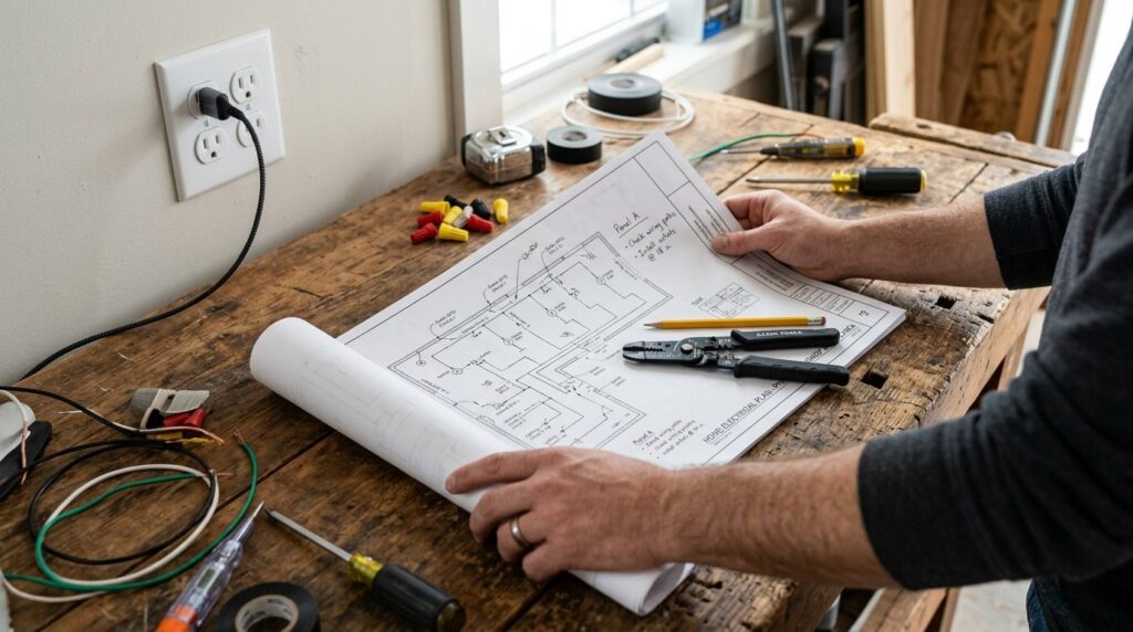 Close-up overhead view of a homeowners hands holding electr