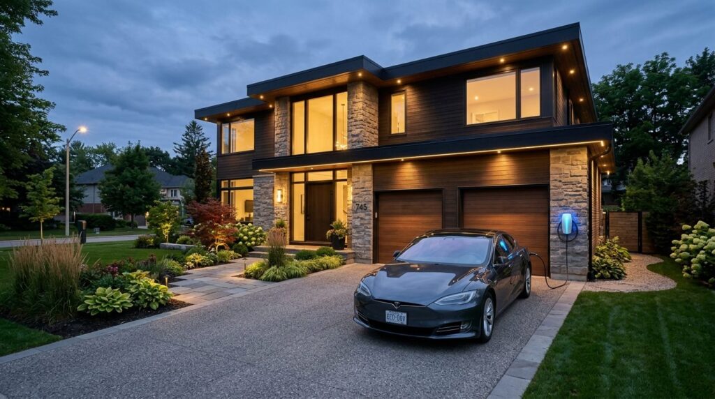 Modern suburban home exterior at dusk with professional EV c