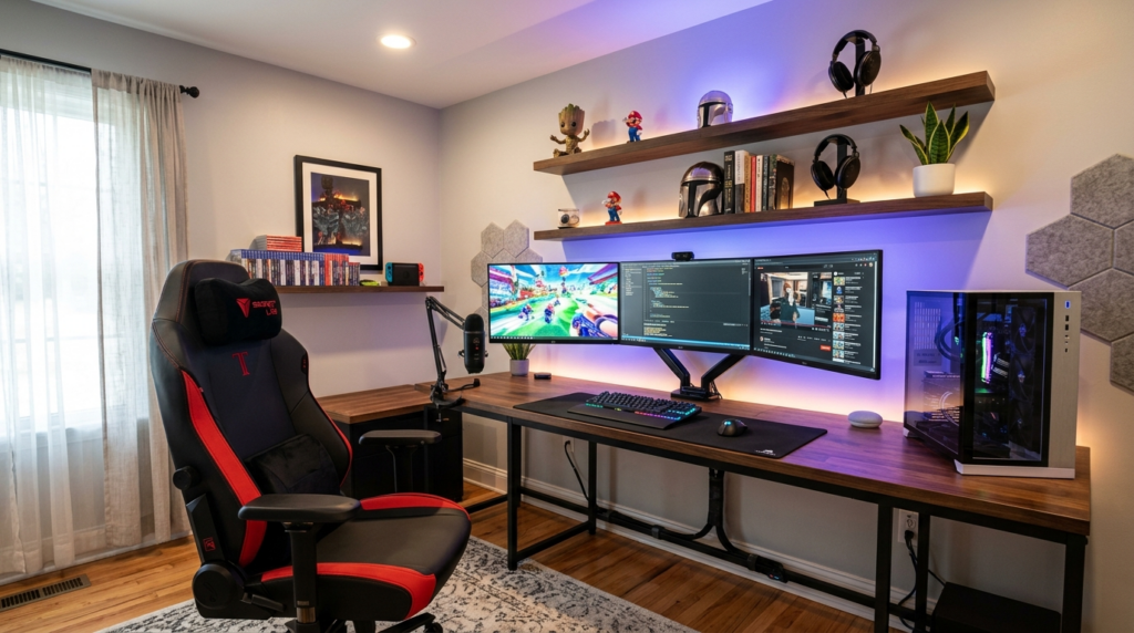 Wide-angle interior photograph of a complete gaming room set