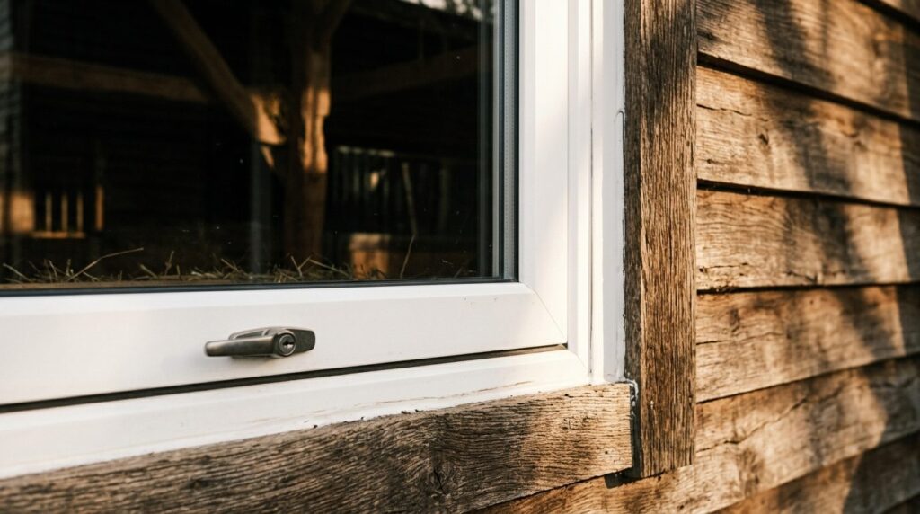 Hvid PVC-vinduesramme til stald med detaljeret nærbillede af installationen.
