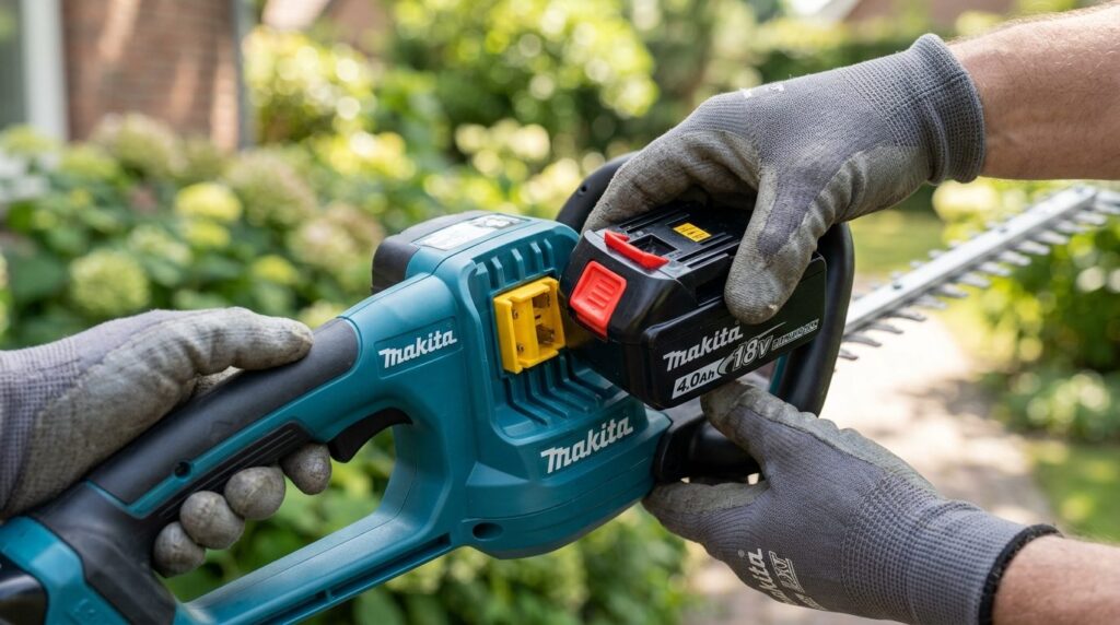 Close-up detail shot of a Makita cordless hedge trimmer batt