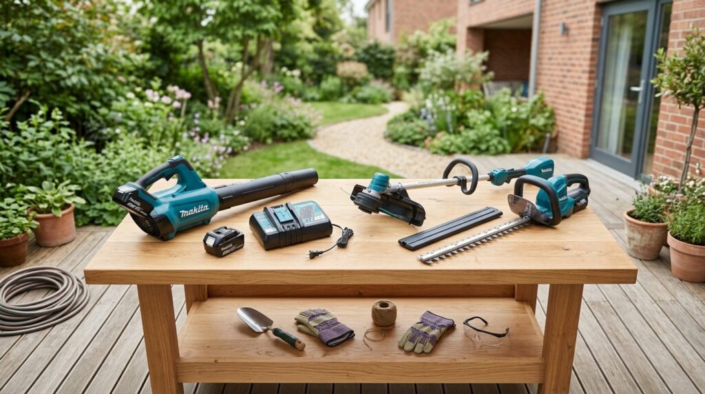 Wide overhead shot of a modern home garden workspace showing
