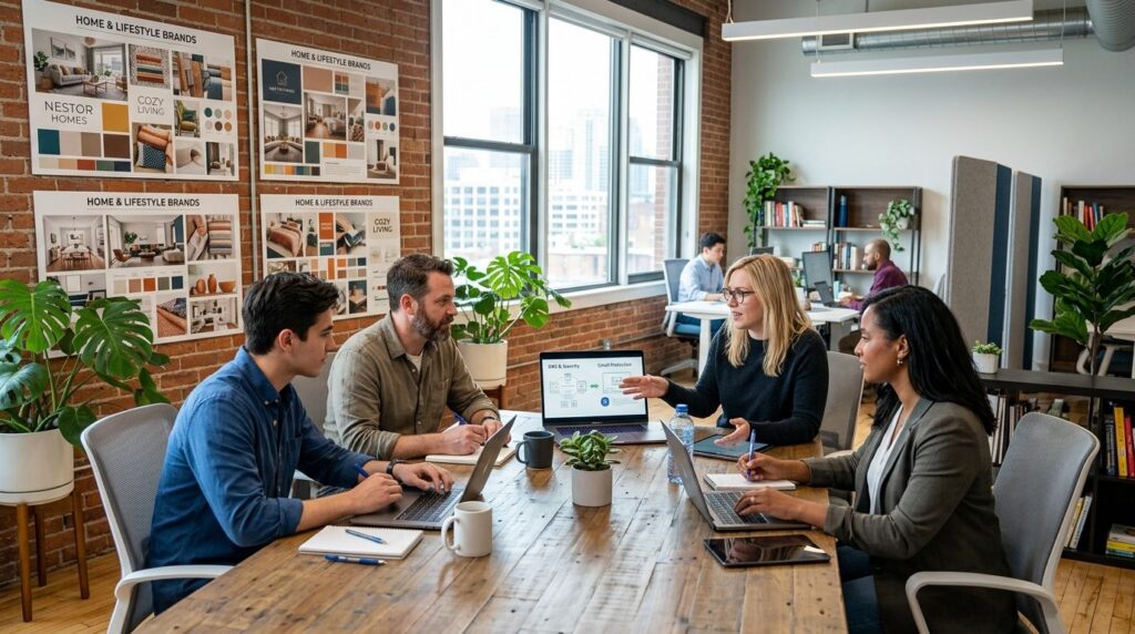 Digital agency team meeting in modern open-plan office with 